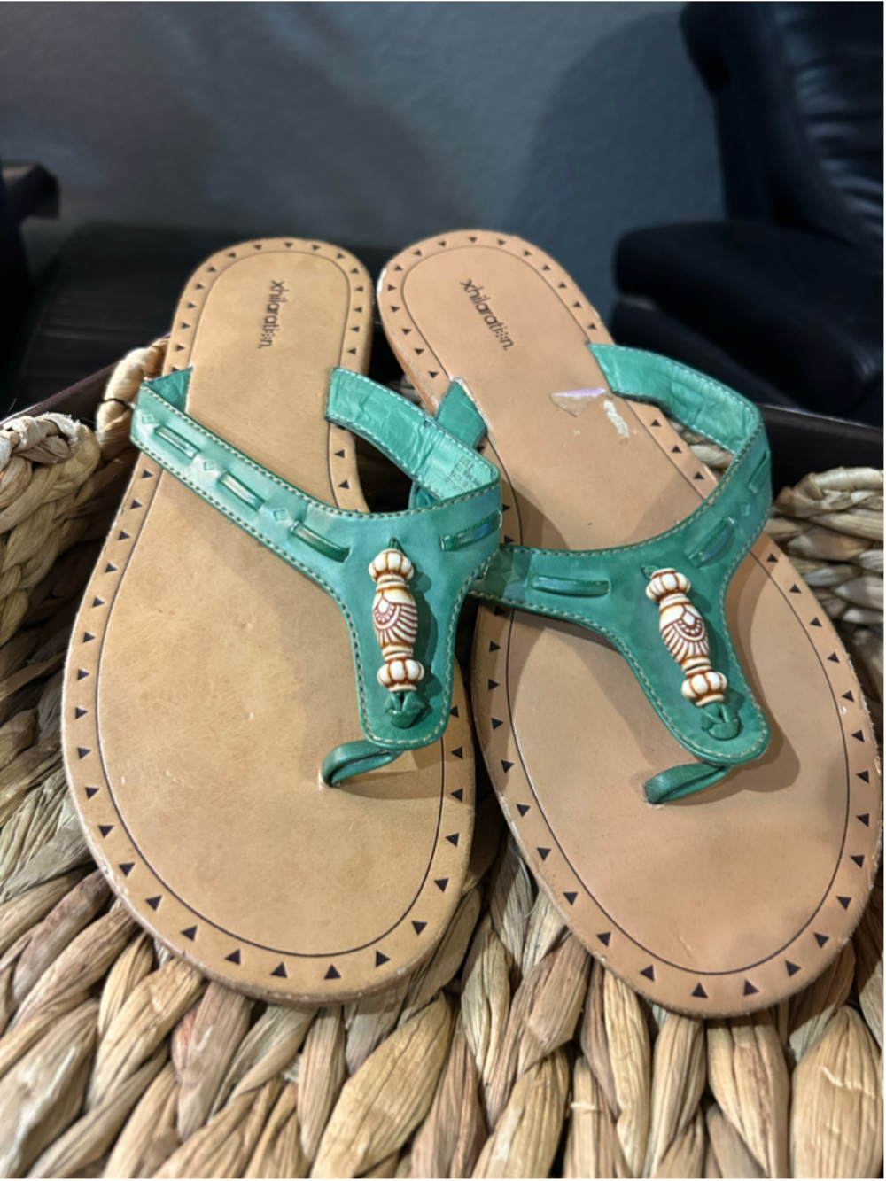 Women's Xhilaration Sandals Size 9 Green and Beige Beaded Thong Sandals